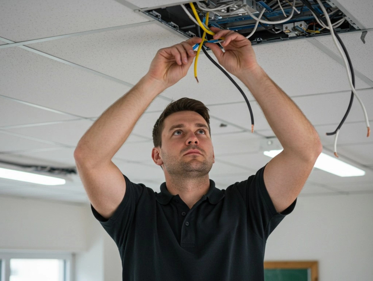 Electrician installing wiring in a ceiling panel.