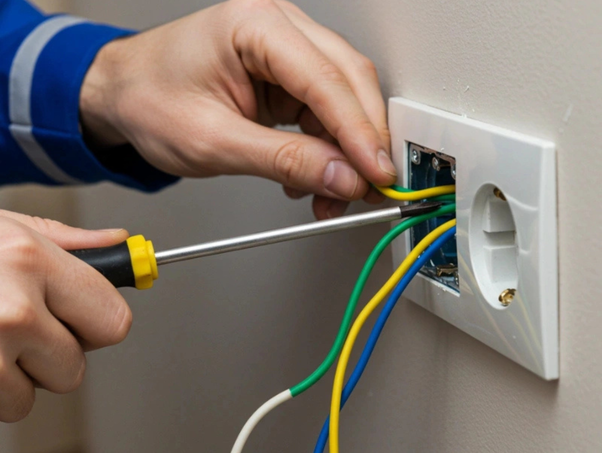 Close-up of a hand using a screwdriver to wire an electrical outlet.