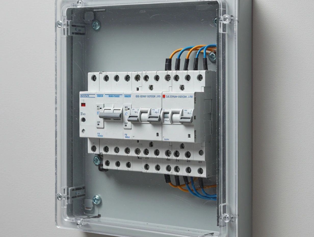 Close-up of an electrical panel with multiple circuit breakers.