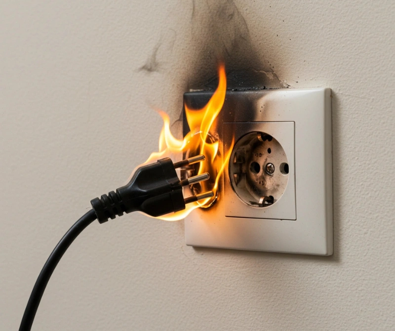 Power outlet with a plug sparking and catching fire.