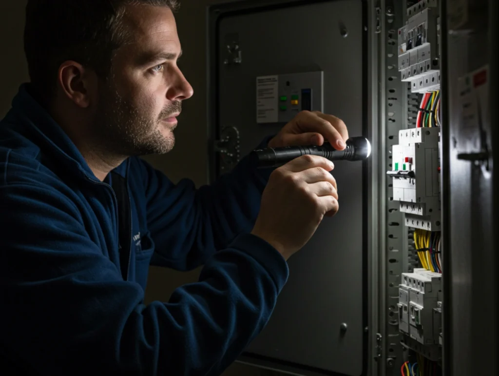 Electrician working on an electrical panel.