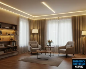 Cozy living room with a sectional sofa, illuminated by ceiling lights.