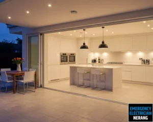 Modern kitchen with ample lighting and open space.